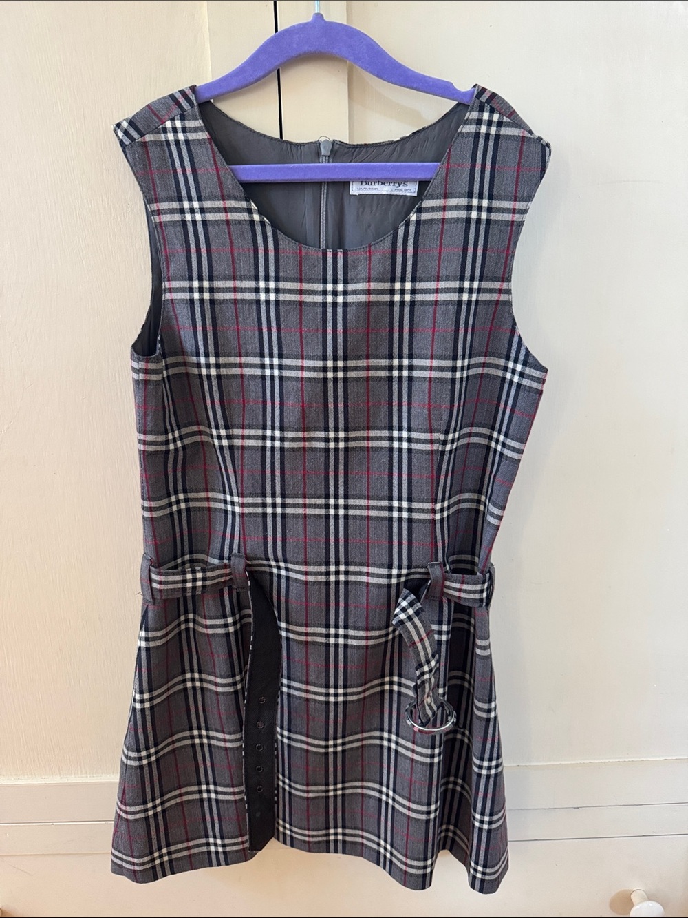Burberry Grey Plaid A-Line Pinafore Dress with Red Accents